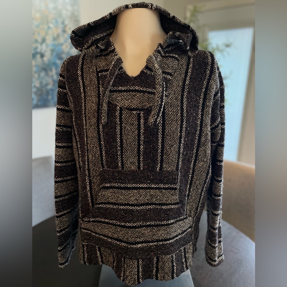 Oland Outdoors Men's Lg Brown, Black and Gray Striped Mexican Baja Hoodie.